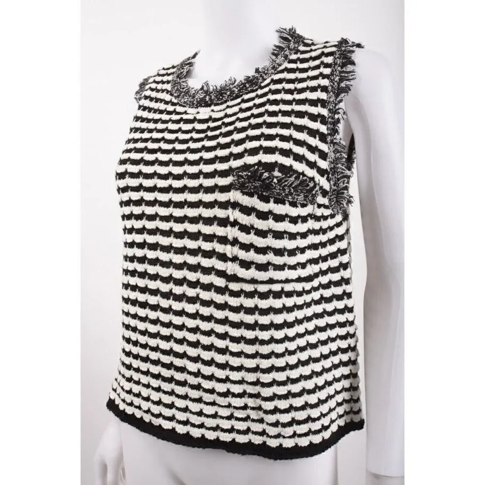 Zara Womens Knit Sweater Top Frayed Edges Rhinestone Buttons M Black White NWT